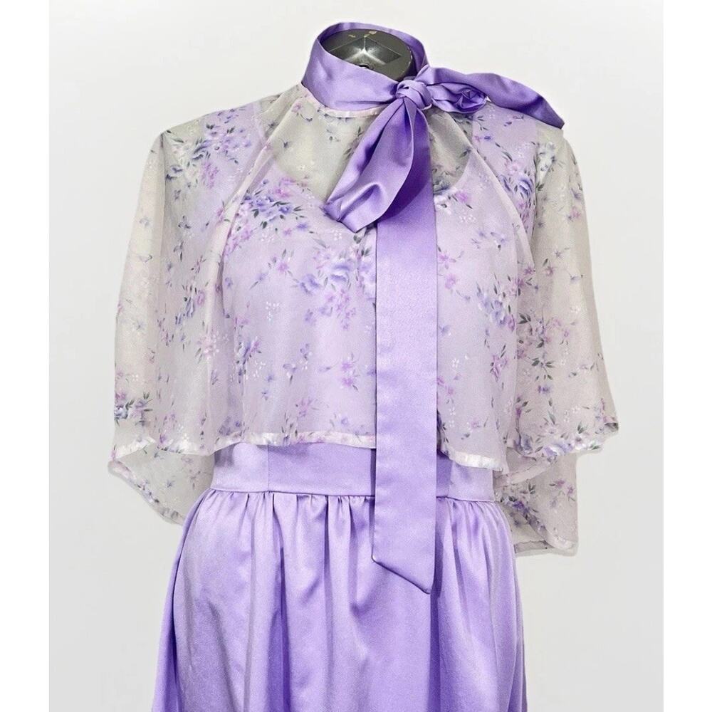 Vintage 70s Handmade Maxi Lilac M Evening Gown Floral Chiffon Flutter Caplet